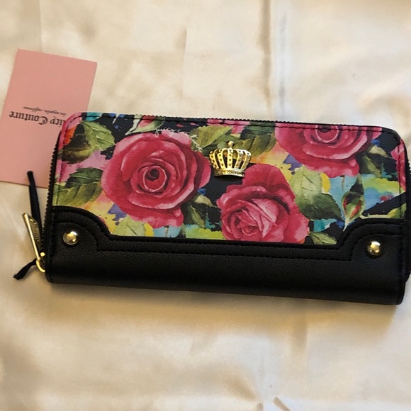 Juicy Couture Black Multi Rose Faux Leather Large Zip Around Wallet NWT - Picture 10 of 10